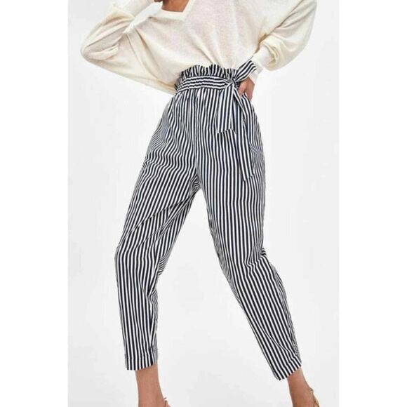 Zara Striped Paperbag Pants XS Black Belted Preppy Career Minimal Coastal Fall - Picture 1 of 6